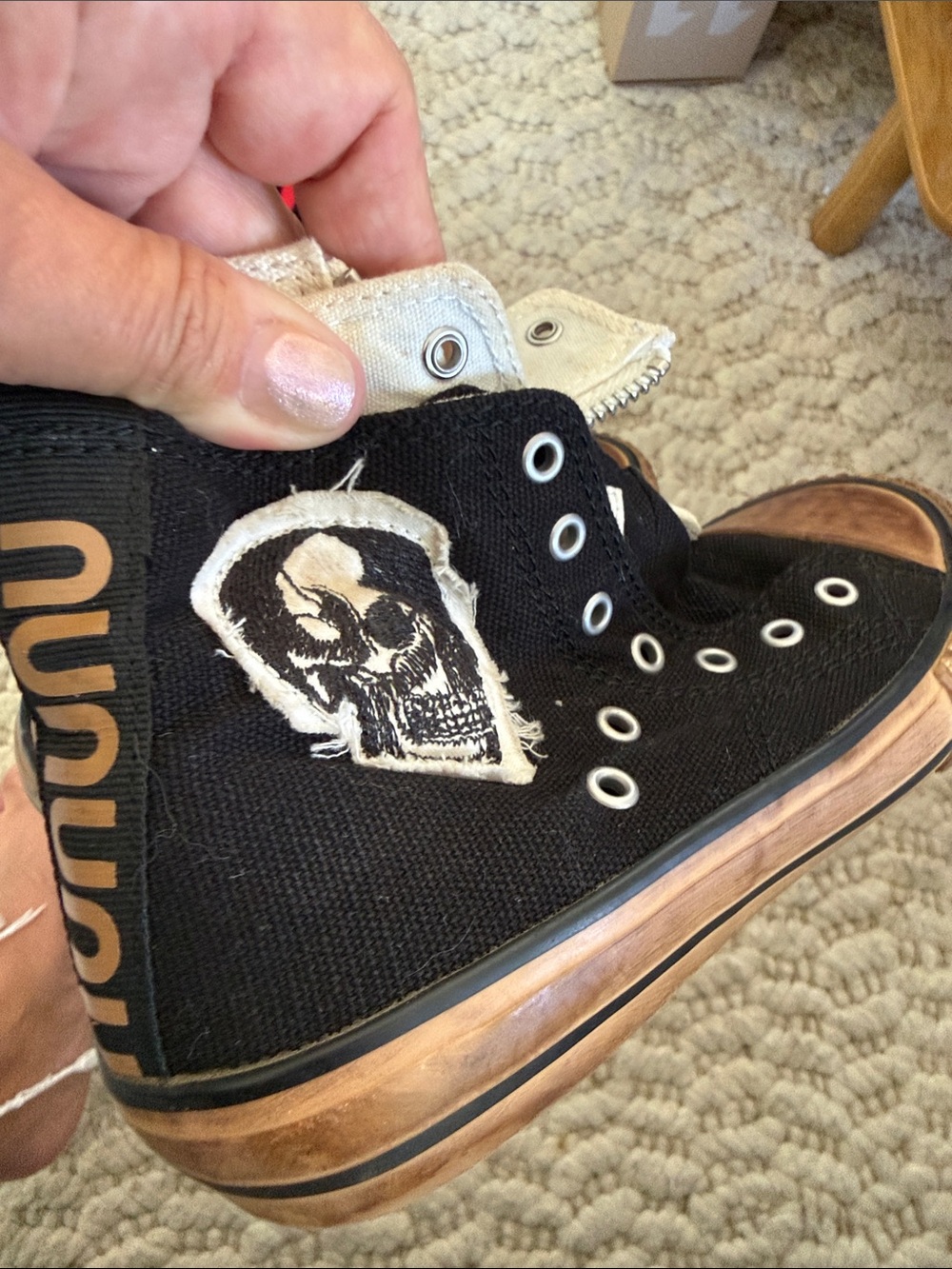 Nununu Kids Black & white two tone Canvas High-Top Sneakers with Skull Patch